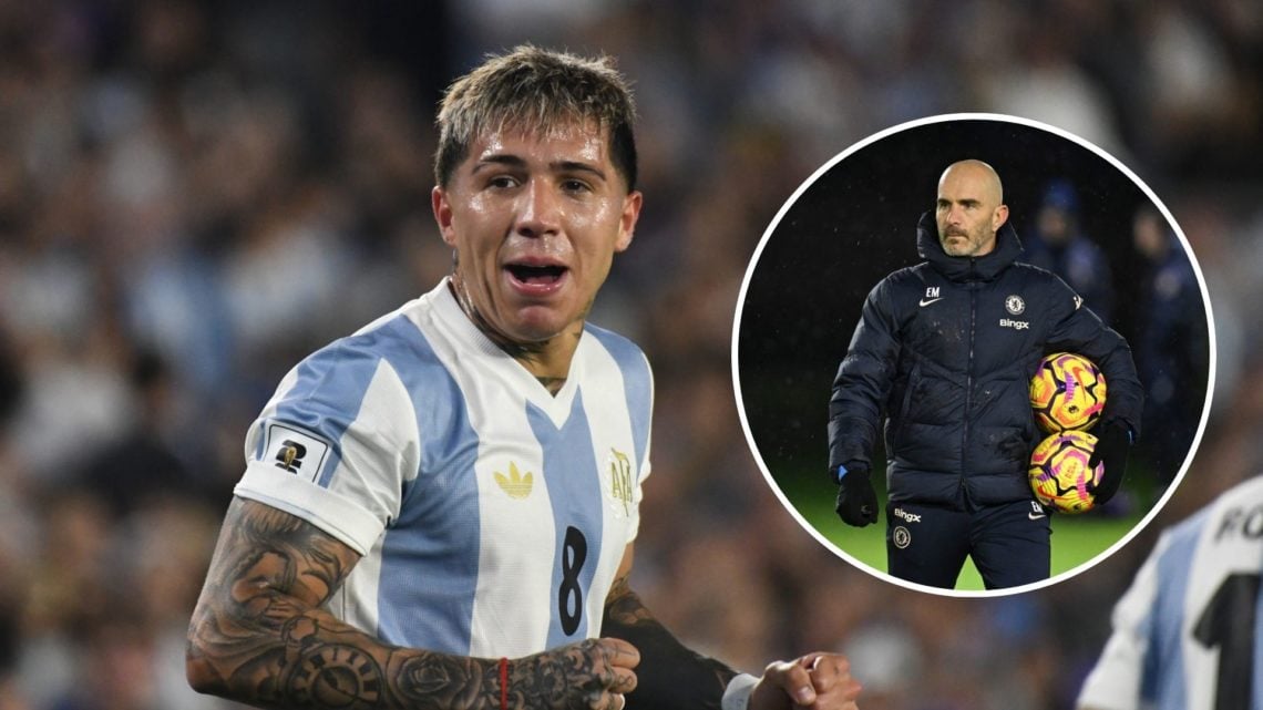 Enzo Fernandez for Argentina. Inset, Enzo Maresca in training