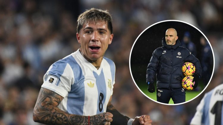 Enzo Fernandez for Argentina. Inset, Enzo Maresca in training