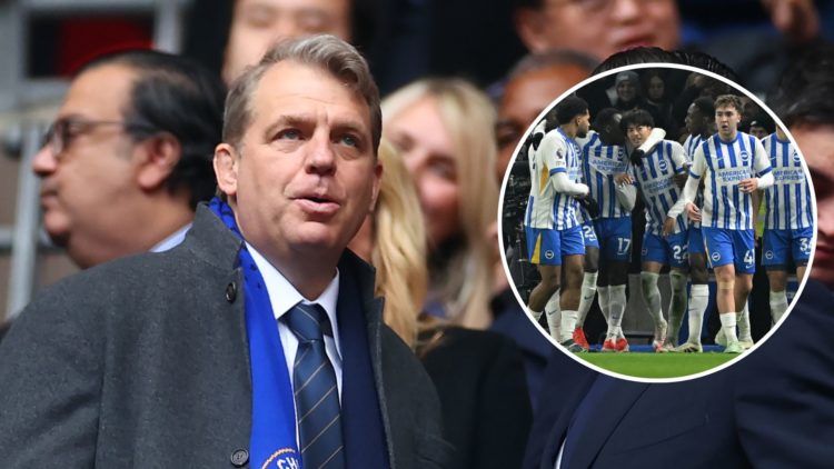 Owner Todd Boehly & Director Behdad Eghbali look on prior to the Carabao Cup Final match between Chelsea and Liverpool. Inset: Kaoru Mitoma of ...
