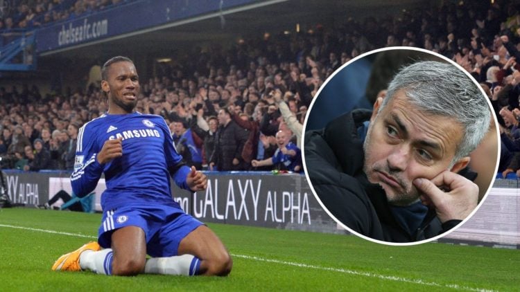 Didier Drogba for Chelsea. Inset, Jose Mourinho as Chelsea manager