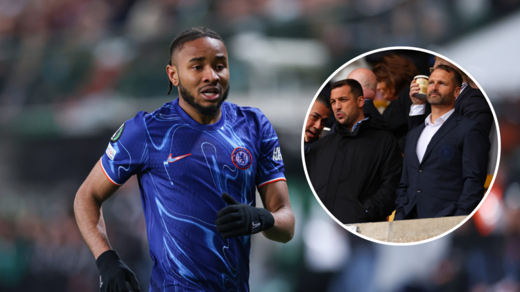 Christopher Nkunku playing for Chelsea. Inset, Chelsea co-sporting directors Paul Winstanley and Laurence Stewart