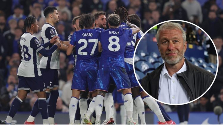 Chelsea players against Tottenham. Inset, Roman Abramovich