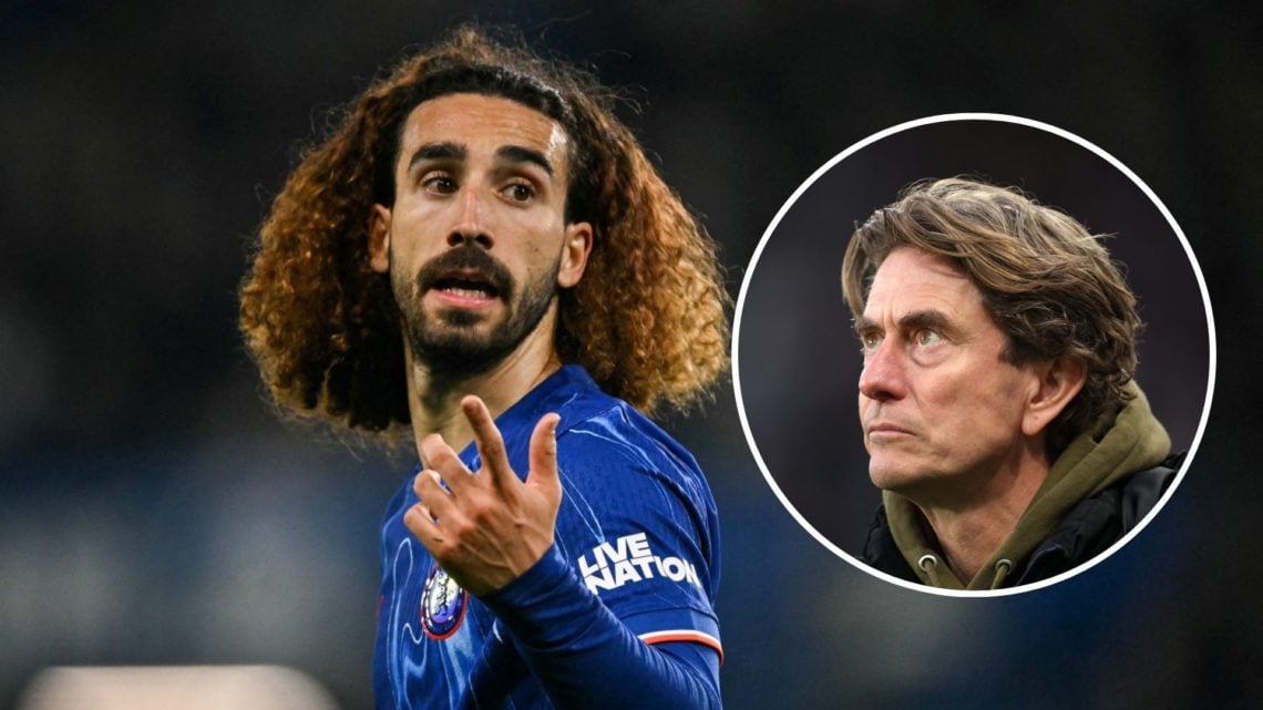 Marc Cucurella for Chelsea. Inset, Thomas Frank the Brentford manager