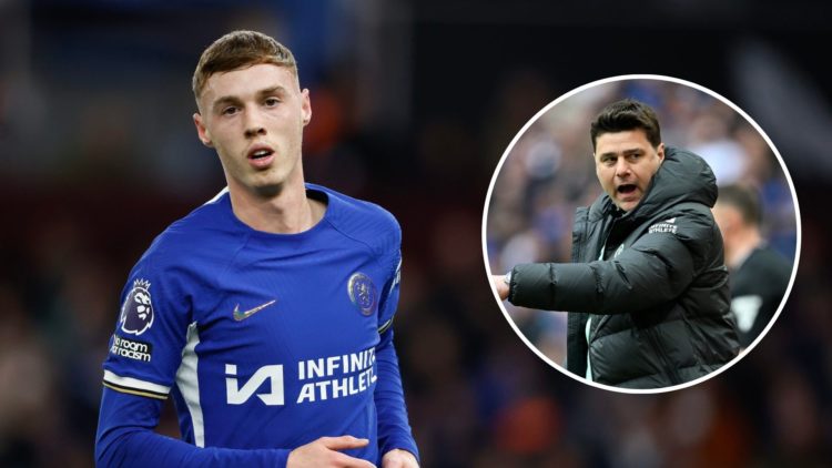 Cole Palmer for Chelsea. Inset, Mauricio Pochettino as Chelsea manager