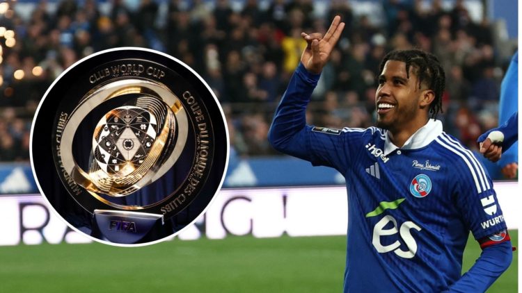 Andrey Santos for Strasbourg. Inset, Club World Cup trophy