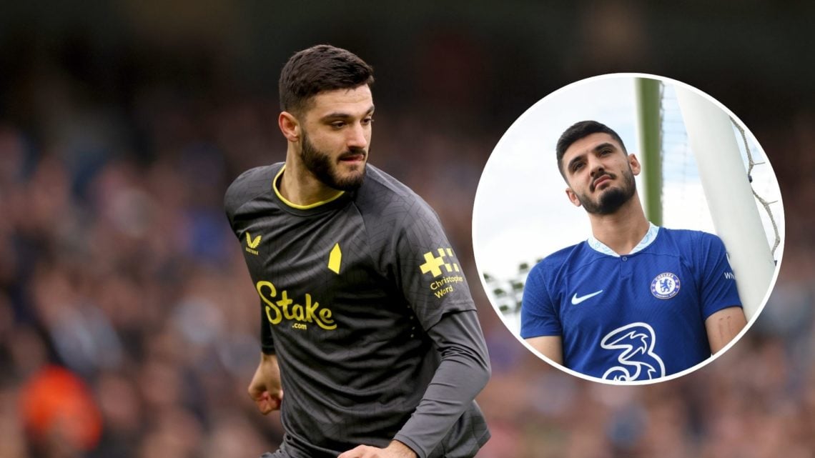 Armando Broja playing for Everton. Inset, Armando Broja at Chelsea
