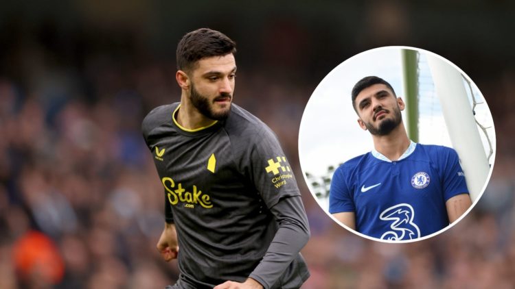 Armando Broja playing for Everton. Inset, Armando Broja at Chelsea
