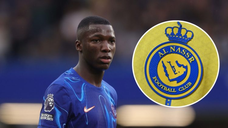 Moises Caicedo playing for Chelsea. Inset, Al-Nassr's badge