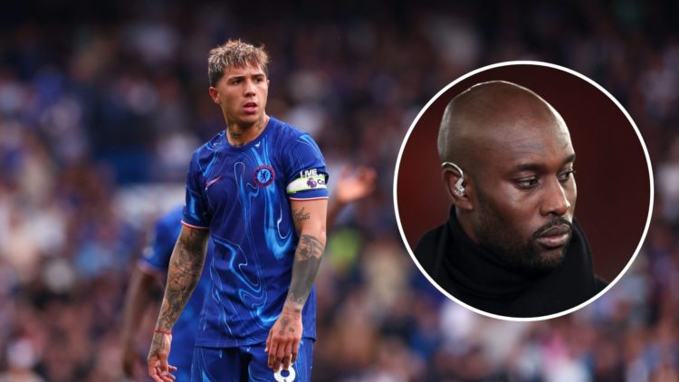 Enzo Fernandez playing for Chelsea. Inset, Carlton Cole as a pundit