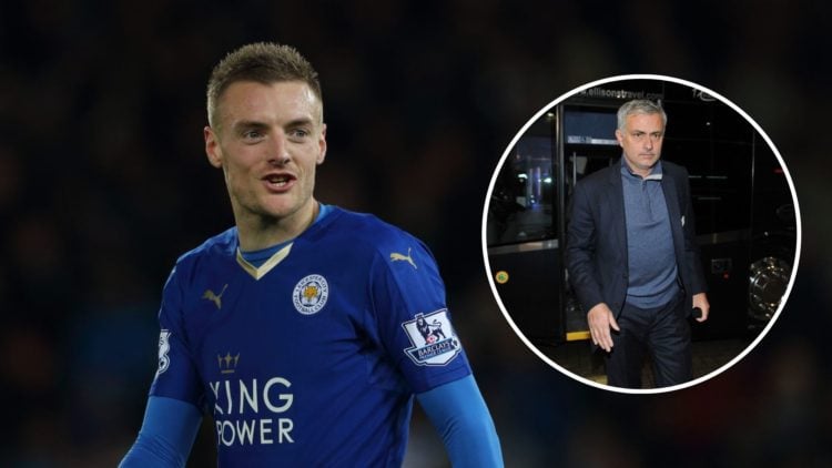 Jamie Vardy playing for Leicester City. Inset, Jose Mourinho as the Chelsea manager