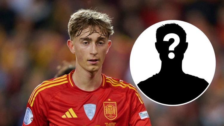 Dean Huijsen playing for Spain. Inset, mystery player