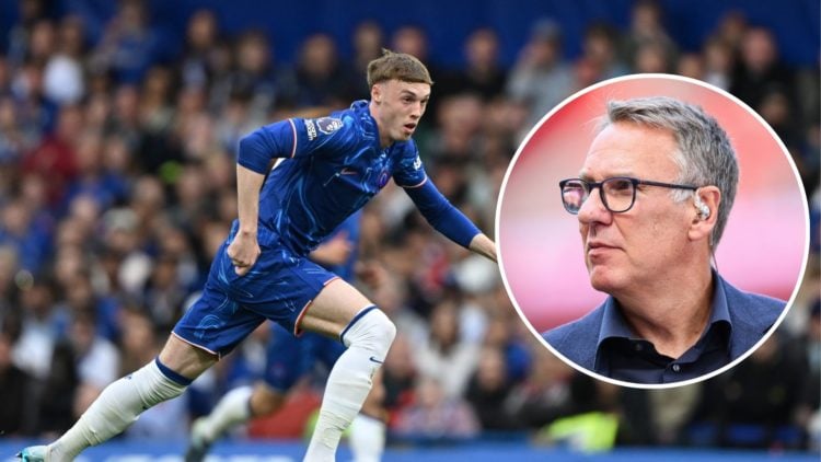 Cole Palmer playing for Chelsea. Inset, Paul Merson as a pundit
