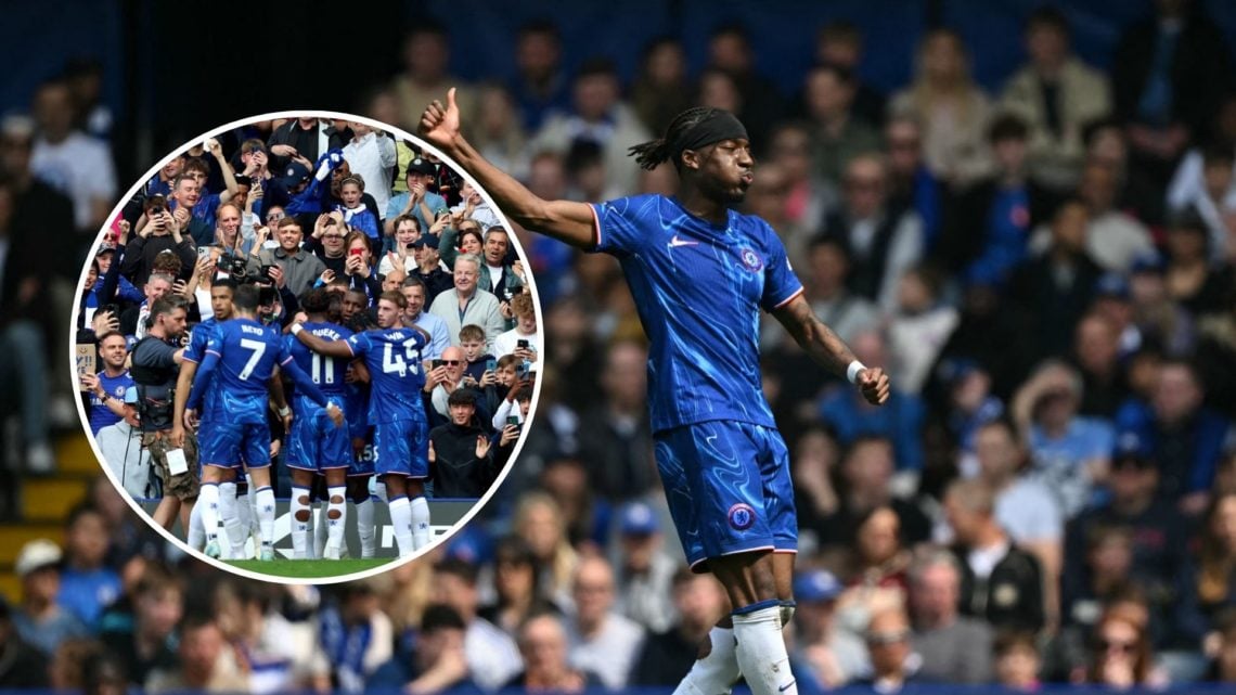 Noni Madueke playing for Chelsea. Inset, Chelsea players celebrating a goal