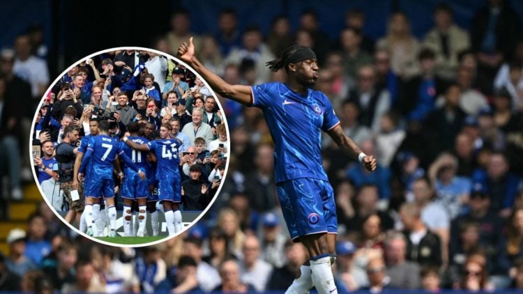 Noni Madueke playing for Chelsea. Inset, Chelsea players celebrating a goal