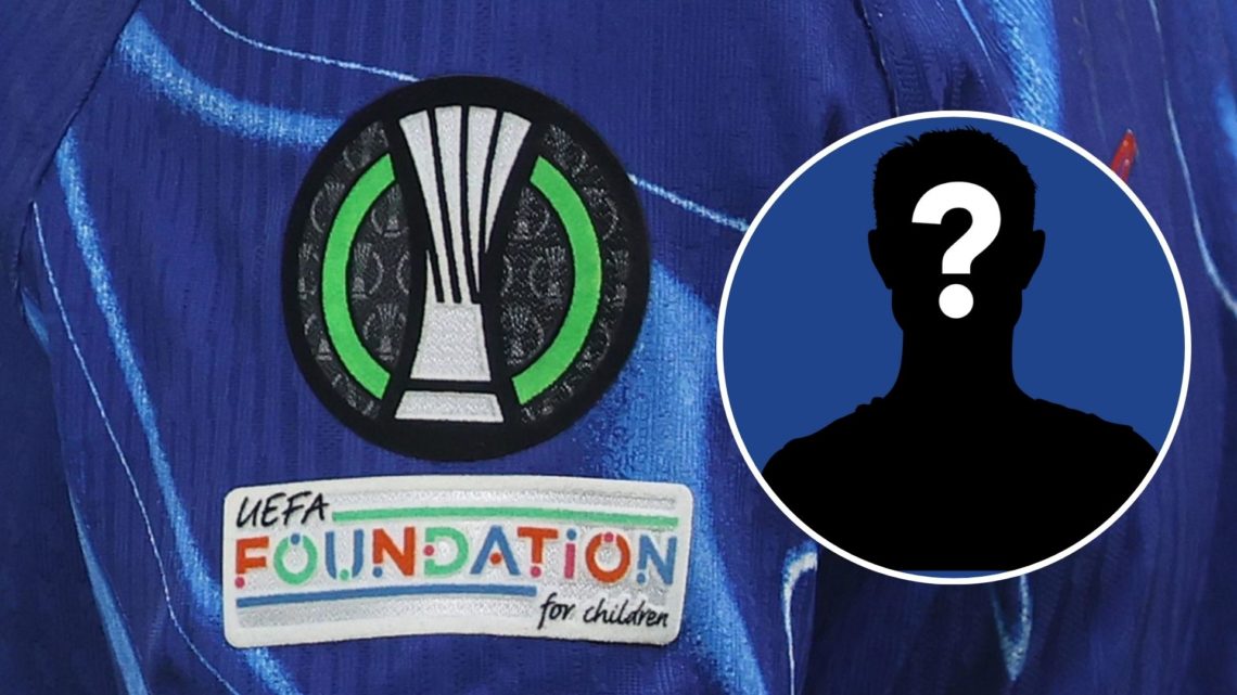 The Conference League badge on Chelsea's shirt. Inset, mystery Chelsea player