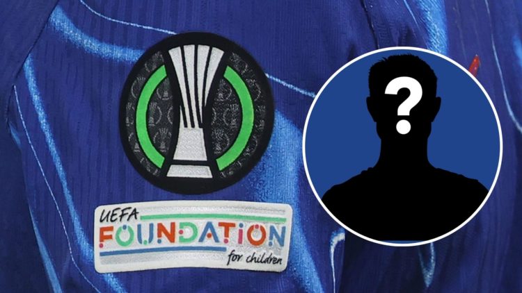 The Conference League badge on Chelsea's shirt. Inset, mystery Chelsea player