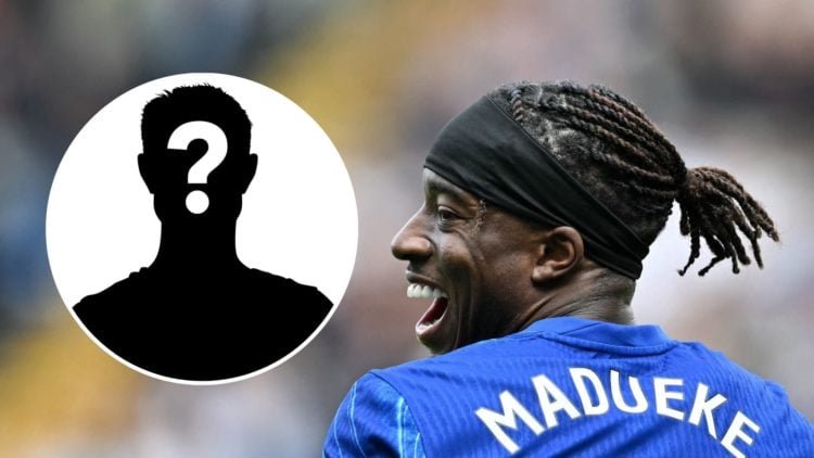 Noni Madueke playing for Chelsea. Inset, mystery football player