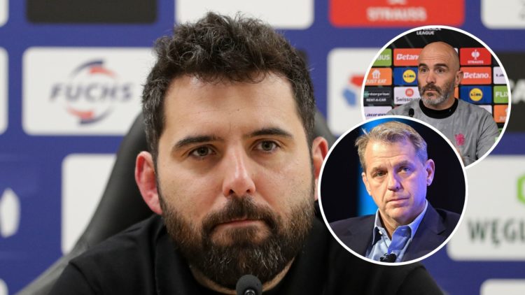 Coach Goncalo Feio of Legia Warszawa seen during a Press conference. Inset 1: Enzo Maresca of Chelsea during the UEFA 2024/25 Round of 16 training ...