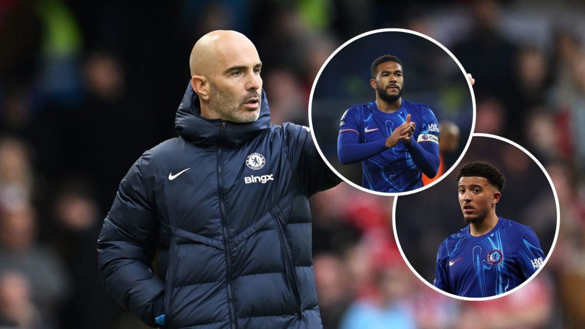 Enzo Maresca managing Chelsea. Inset one, Reece James for Chelsea. Inset two, Jadon Sancho for Chelsea