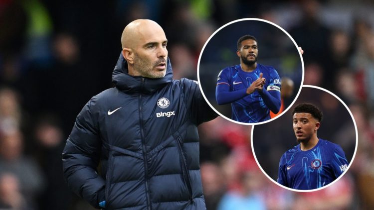 Enzo Maresca managing Chelsea. Inset one, Reece James for Chelsea. Inset two, Jadon Sancho for Chelsea