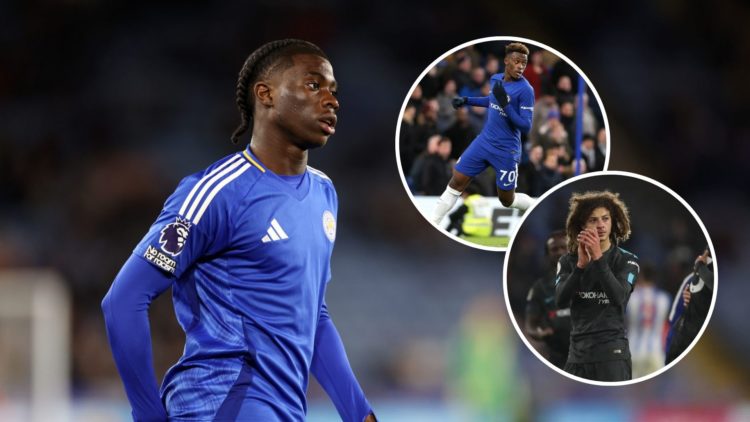 Jeremy Monga for Leicester City. Inset one, Callum Hudson-Odoi for Chelsea. Inset two, Ethan Ampadu for Chelsea