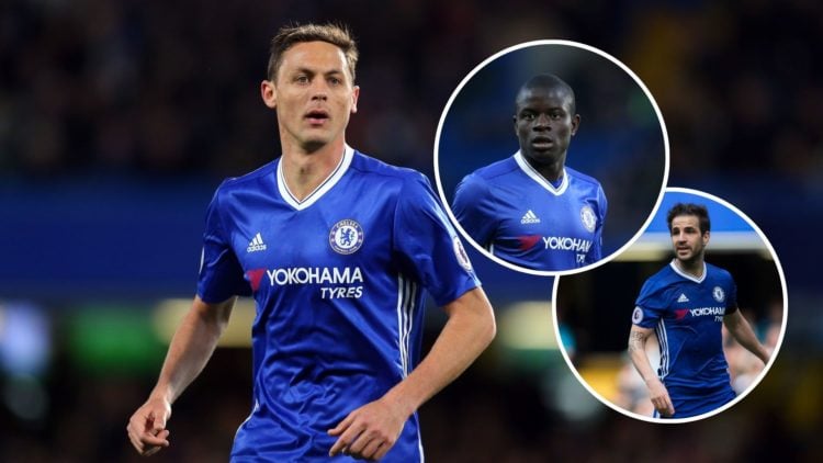 Nemanja Matic for Chelsea. Inset one, N'Golo Kante for Chelsea. Inset two, Cesc Fabregas for Chelsea