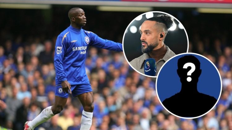 Claude Makelele playing for Chelsea. Inset one, Theo Walcott as a pundit. Inset two, mystery Chelsea player