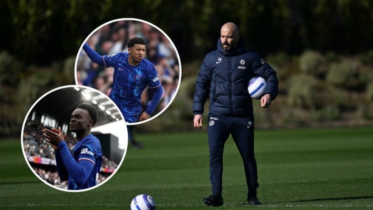Enzo Maresca the Chelsea manager. Inset one, Jadon Sancho playing for Chelsea. Inset two, Tyrique George playing for Chelsea