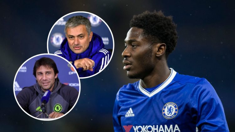 Ola Aina playing for Chelsea's Under-21s. Inset one, Jose Mourinho as Chelsea manager. Inset two, Antonio Conte as Chelsea manager