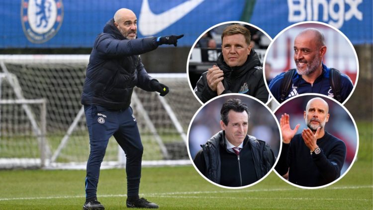 Enzo Maresca the Chelsea manager. Inset one, Eddie Howe. Inset two, Nuno Espirito Santo. Inset three, Unai Emery, Inset four, Pep Guardiola