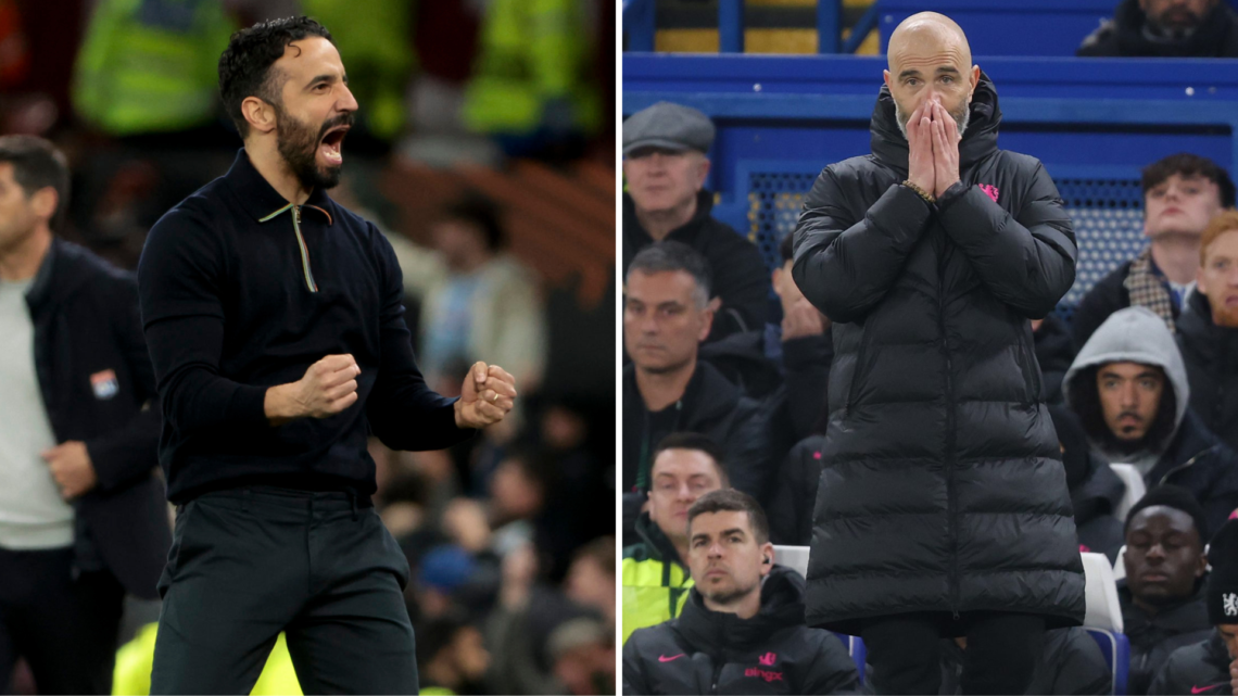 Split image of Coach of Manchester United Ruben Amorim celebrating winning goal and Enzo Maresca Manager of Chelsea looking disappointed & dejected