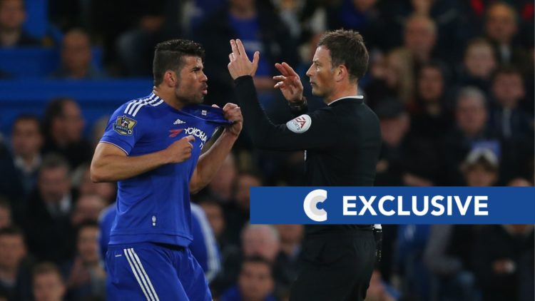 Diego Costa of Chelsea appeals to referee Mark Clattenburg after having his shirt pulled during the Barclays Premier League match between Chelsea a...
