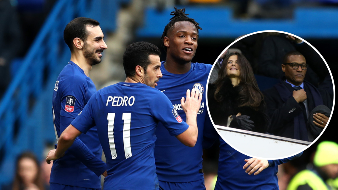 Michy Batshuayi of Chelsea celebrates with teammates after scoring with an inset of Chelsea director Marina Granovskaia and technical director Mich...