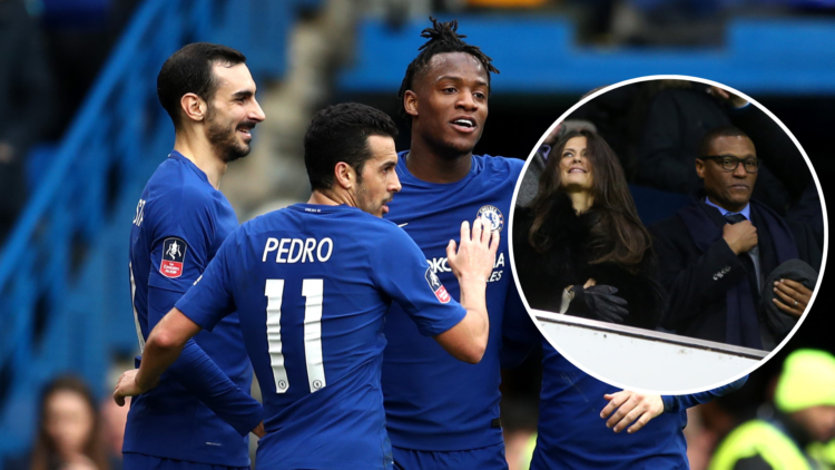 Michy Batshuayi of Chelsea celebrates with teammates after scoring with an inset of Chelsea director Marina Granovskaia and technical director Mich...