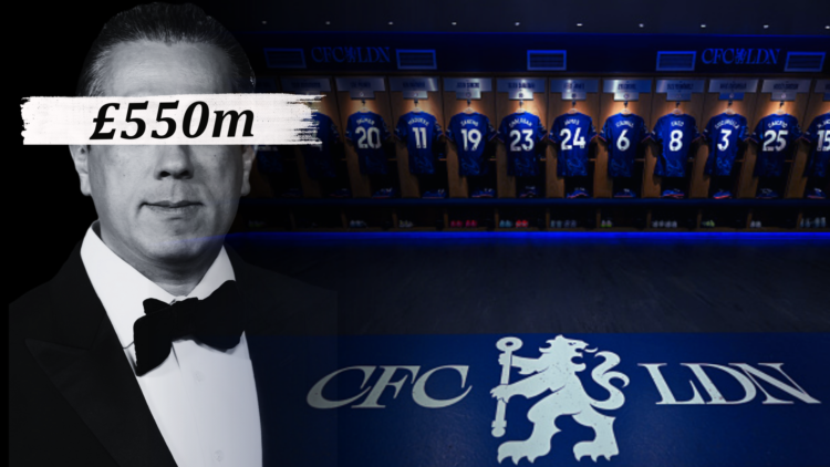 A black and white image of Behdad Eghbali superimposed over the Chelsea dressing room, with '£550m' wordage
