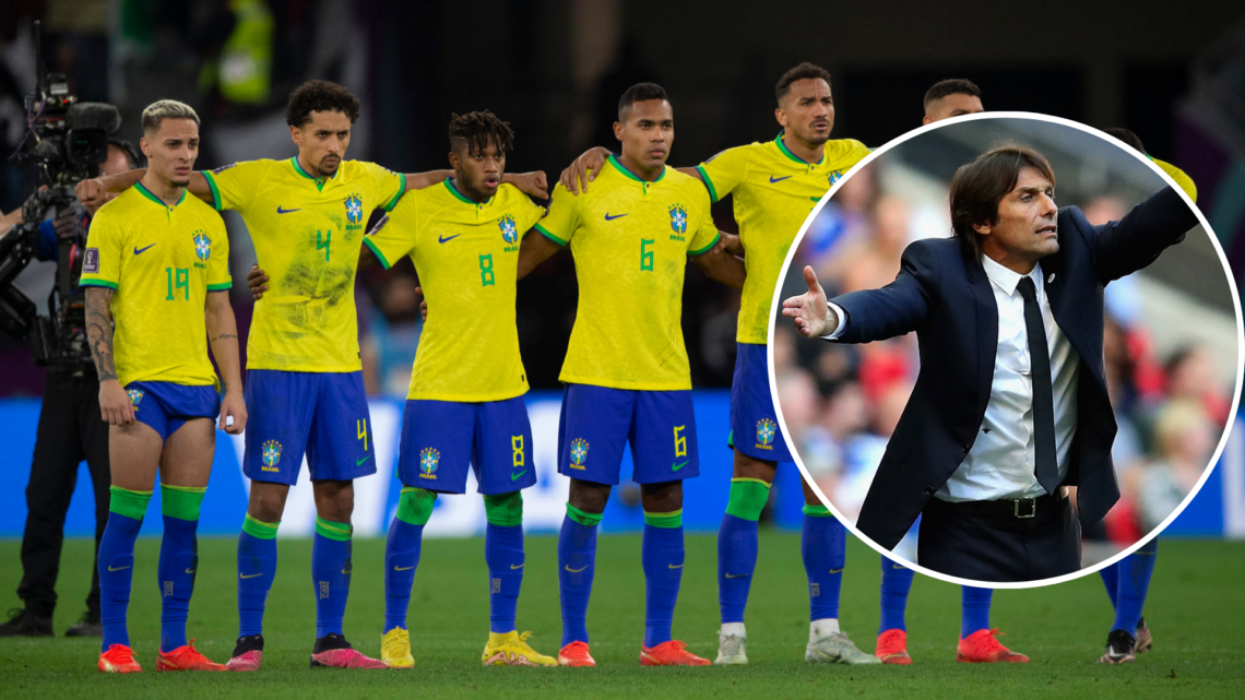 Antony, Marquinhos, Fred, Alex Sandro, Alex Sandro, Danilo, Thiago Silva and Casemiro of Brazil line up for the penalty shoot out during the FIFA W...