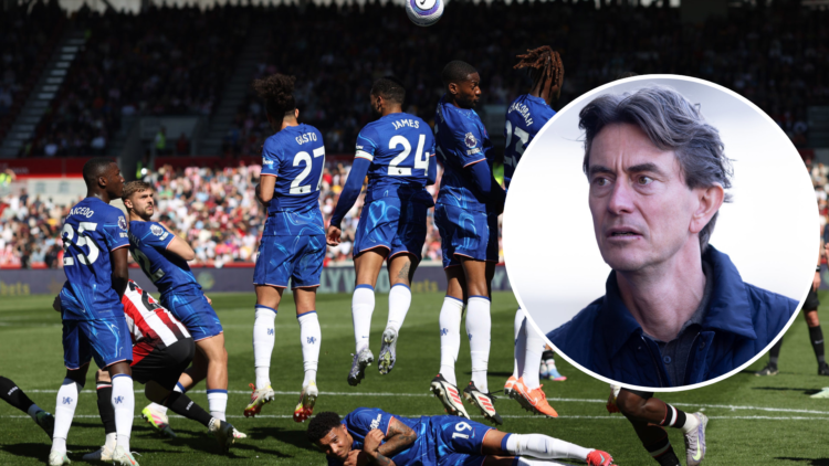 Jadon Sancho of Chelsea lies behind his team's defensive wall at a Brentford free-kick during the Premier League match between Brentford FC and Che...