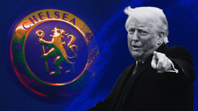 Composite image of a black-and-white Donald Trump and the Chelsea badge