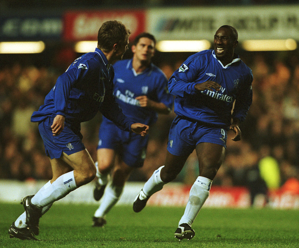 13 Mar 2002: Jimmy Floyd Hasselbaink of Chelsea celebrates scoring the first goal during the FA Barclaycard Premiership match between Chelsea and Tottenham Hotspur at Stamford Bridge, London. Mandatory Credit: Ben Radford/Getty Images