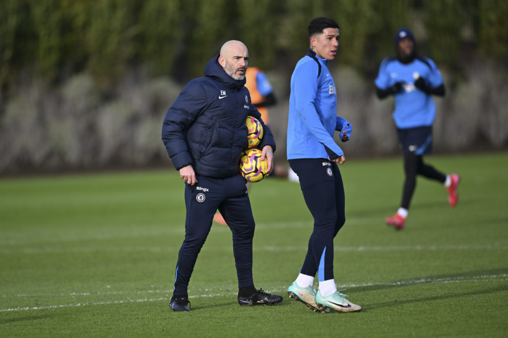 Enzo Maresca and Enzo Fernandez on the Chelsea training pitch at Cobham.