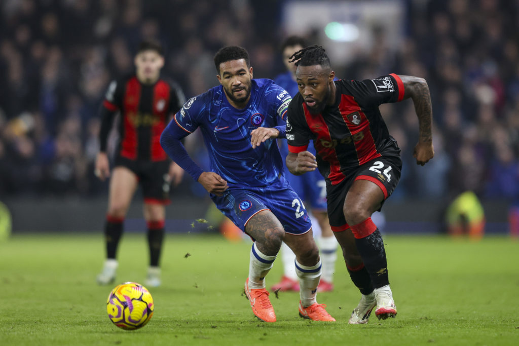 Chelsea defender Reece James and Bournemouth winger Antoine Semenyo chasing after the ball