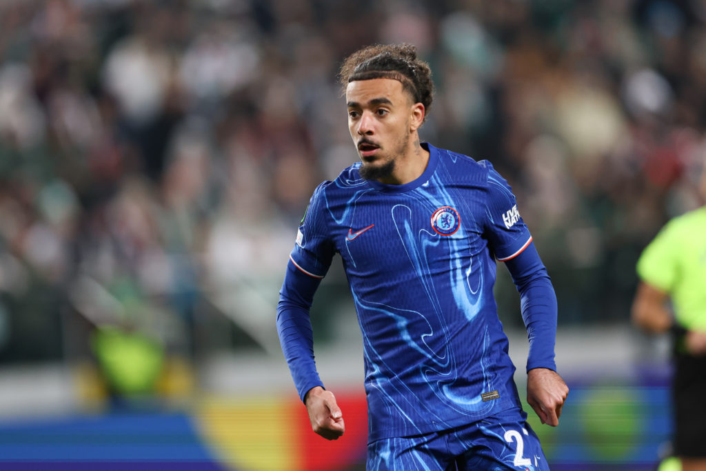 Chelsea defender Malo Gusto playing against Legia Warsaw in the Conference League.