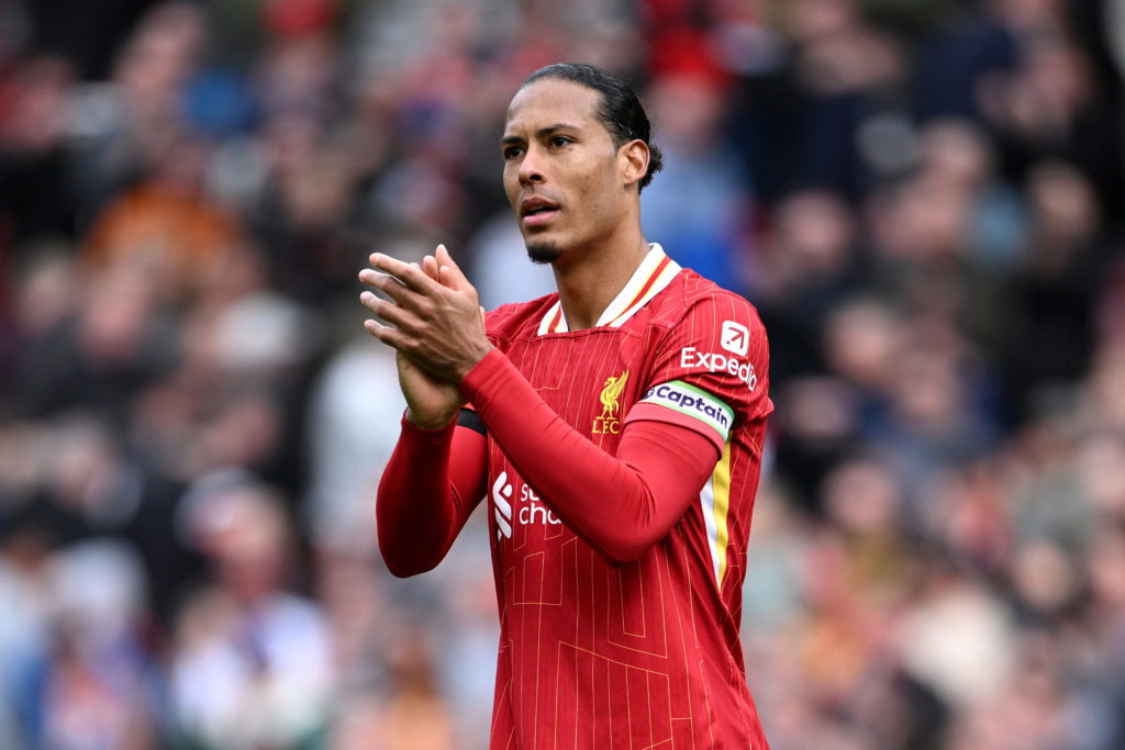 Virgil van Dijk celebrates Liverpool's win against West Ham in the Premier League.
