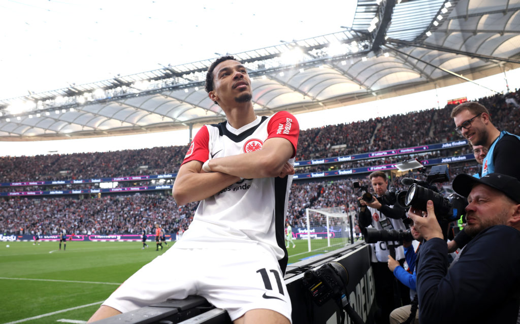 Eintracht Frankfurt striker Hugo Ekitike celebrates after goal against Heidenheim