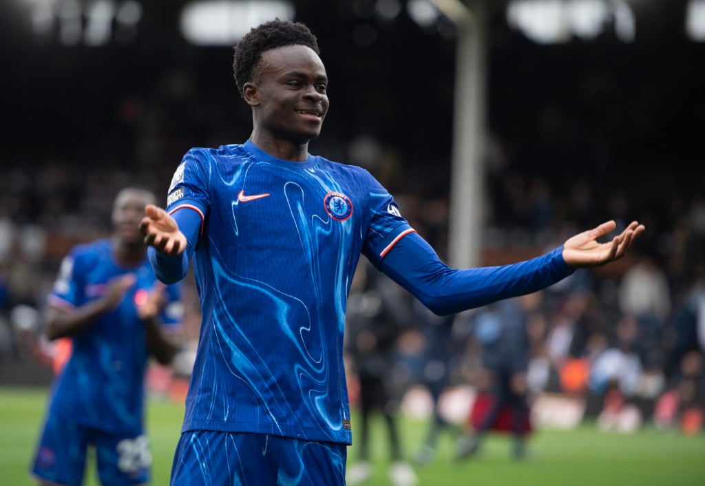 Tyrique George of Chelsea reacts after the Premier League match between Fulham FC and Chelsea FC at Craven Cottage on April 20, 2025 in London, England
