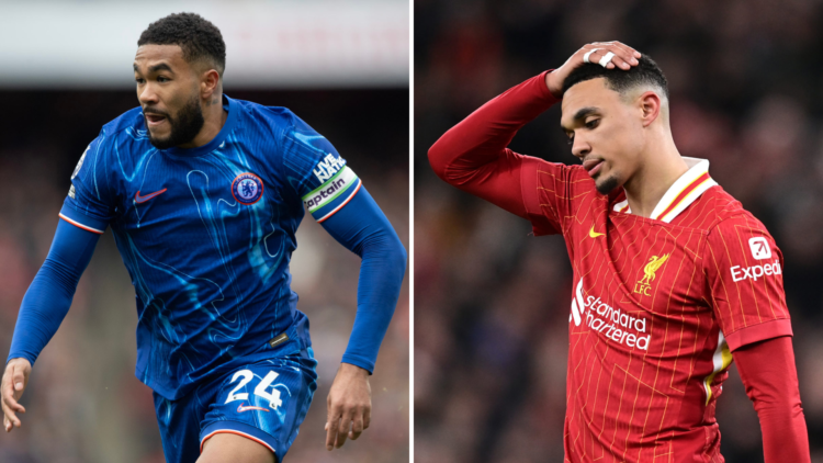 Split image of Reece James of Chelsea during the Premier League match between Arsenal FC and Chelsea FC and Liverpool's Trent Alexander-Arnold reac...