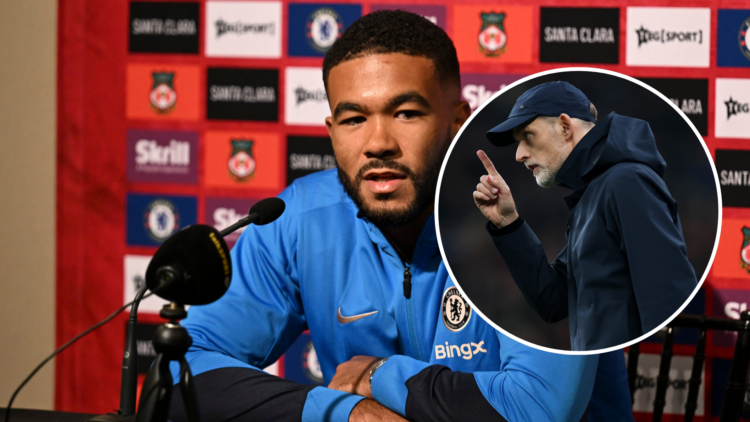Reece James of Chelsea during a press conference at Levi Stadium with an inset of Thomas Tuchel, Head Coach of England, reacting during the FIFA Wo...