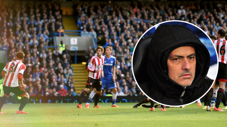 A few Chelsea and Sunderland players during 2014 Premier League match with an inset of Chelsea's Portuguese manager Jose Mourinho looking on