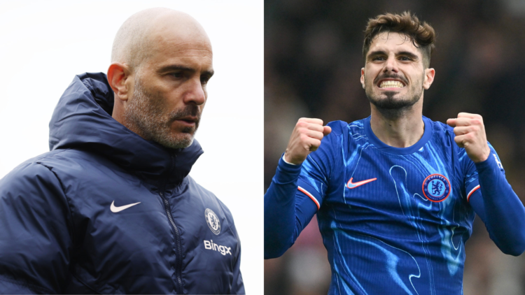 Split image of Enzo Maresca, Manager of Chelsea, looking on during the Premier League match between Fulham FC and Chelsea FC and Pedro Neto of Chel...