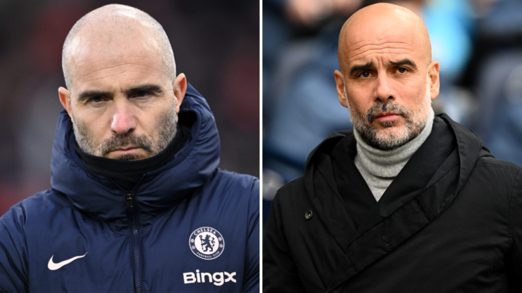 Split image of Enzo Maresca, Manager of Chelsea, looking on prior to the Premier League match between Crystal Palace FC and Chelsea FC and Manchest...